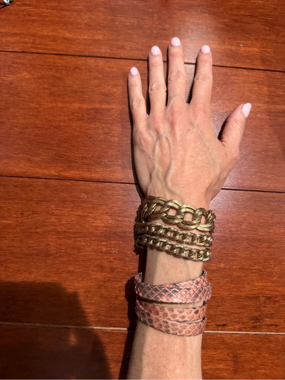 Gold Chain and Pink Snake-Print Wrap Bracelet Set - Women Jewelry